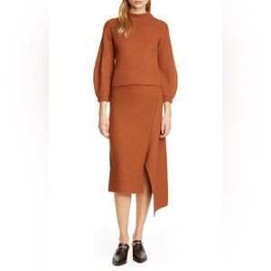 Tibi Rust Merino Wool Ribbed Knit Sweater and Skirt Set, Size L